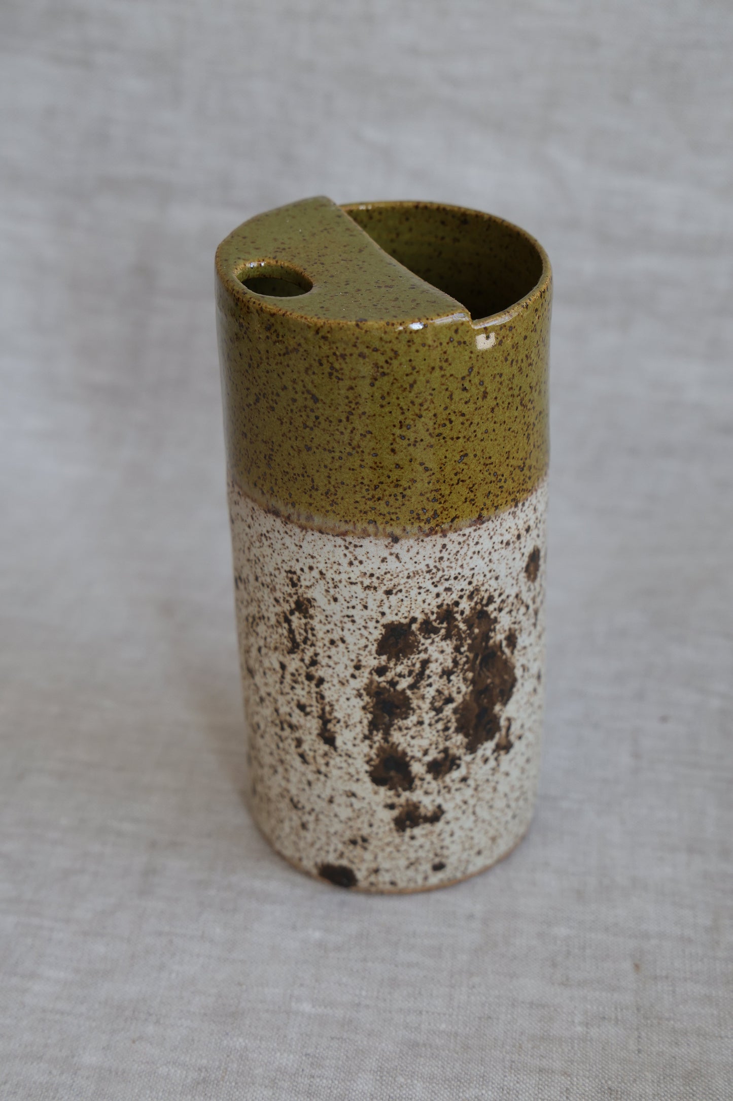 Olive Green and Quail Egg Speckled To Go Cup, Travel Mug, Travel Tumbler, Mustache Saver, Ceramic Stoneware, Hand Thrown in Maine 14-16oz. Pottery Cup