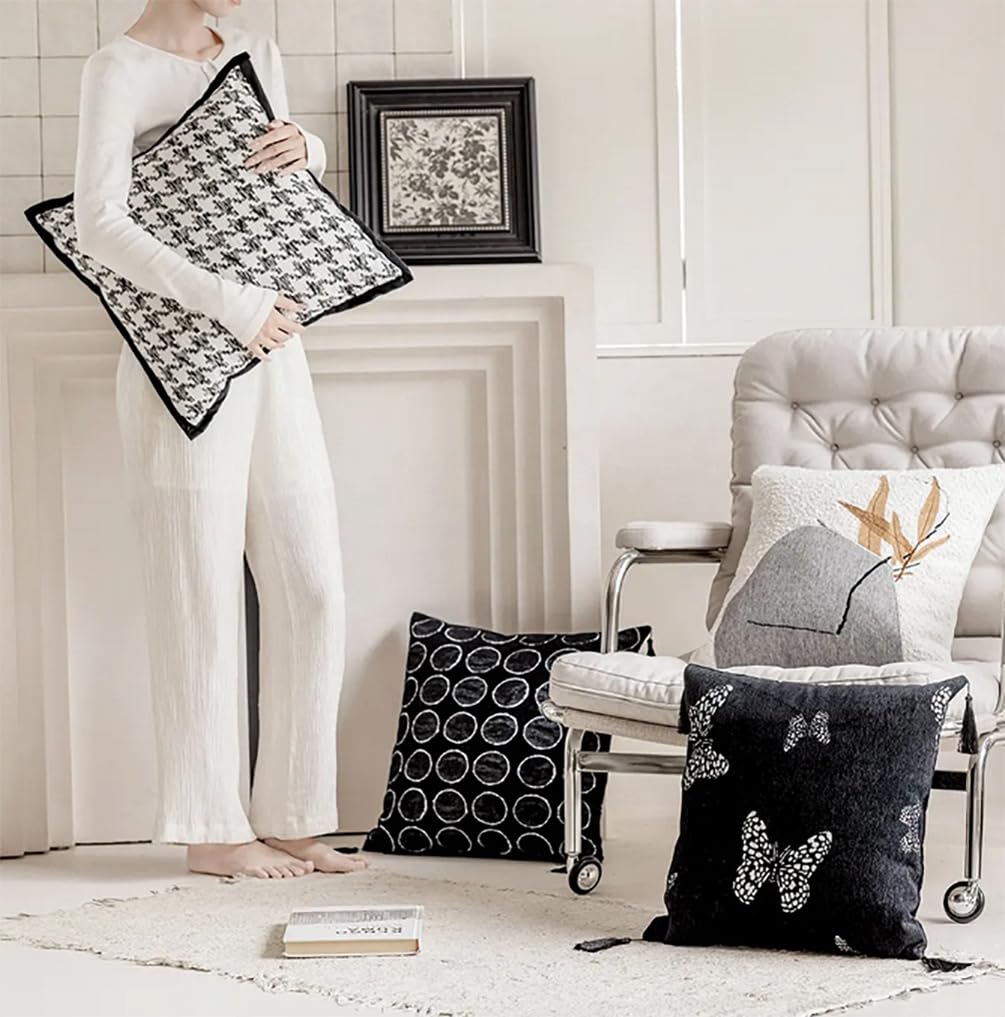 Fennco Styles Jacquard Butterfly Tassel Decorative Filled Throw Pillow 18" W X 18" L – Black Woven Square Cushion for Couch, Sofa, Bedroom, Office and Living Room Décor