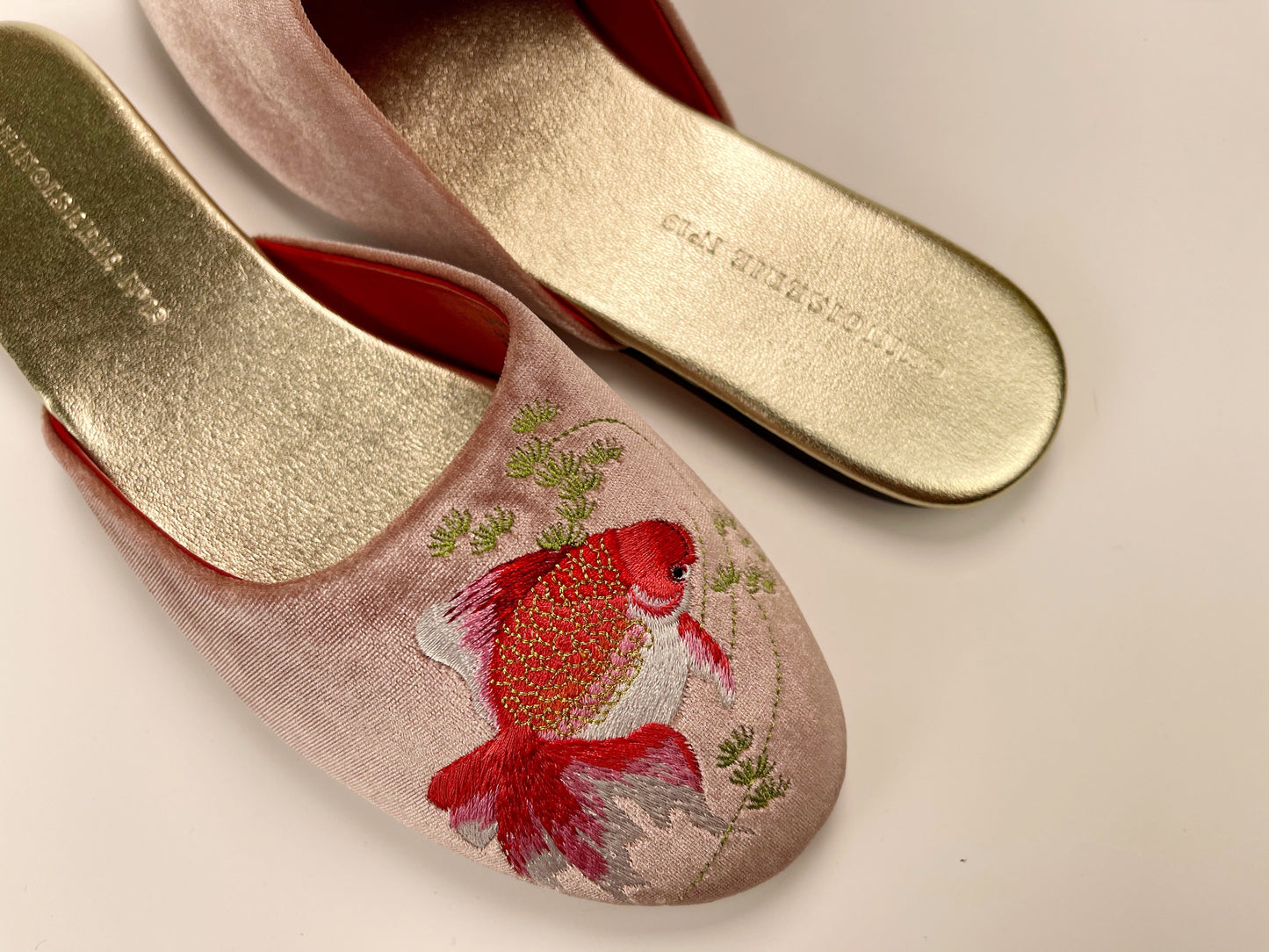 Embroidered goldfish in dusty pink velvet mules slippers