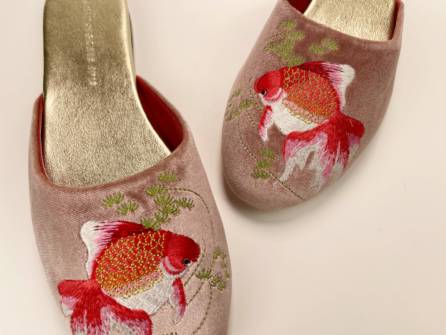 Embroidered goldfish in dusty pink velvet mules slippers