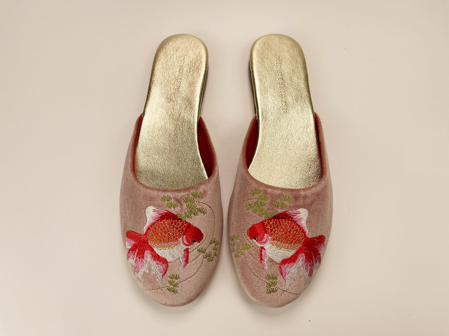 Embroidered goldfish in dusty pink velvet mules slippers