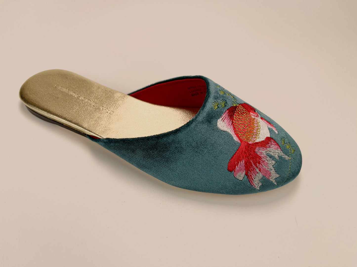 Embroidered goldfish in teal velvet mules slippers