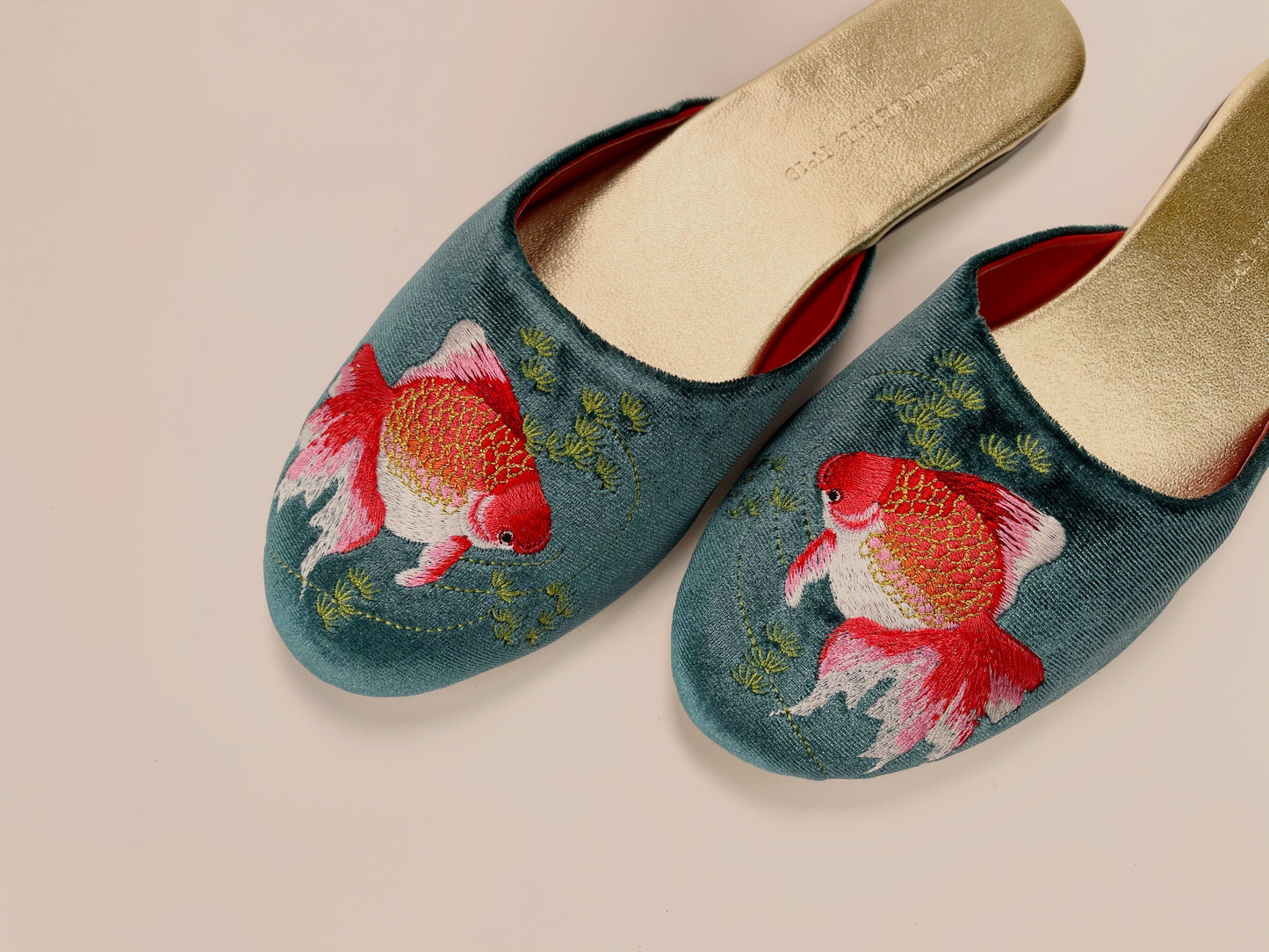 Embroidered goldfish in teal velvet mules slippers