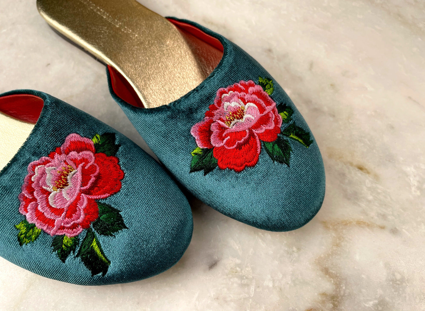 Embroidered peony in teal velvet mules slippers