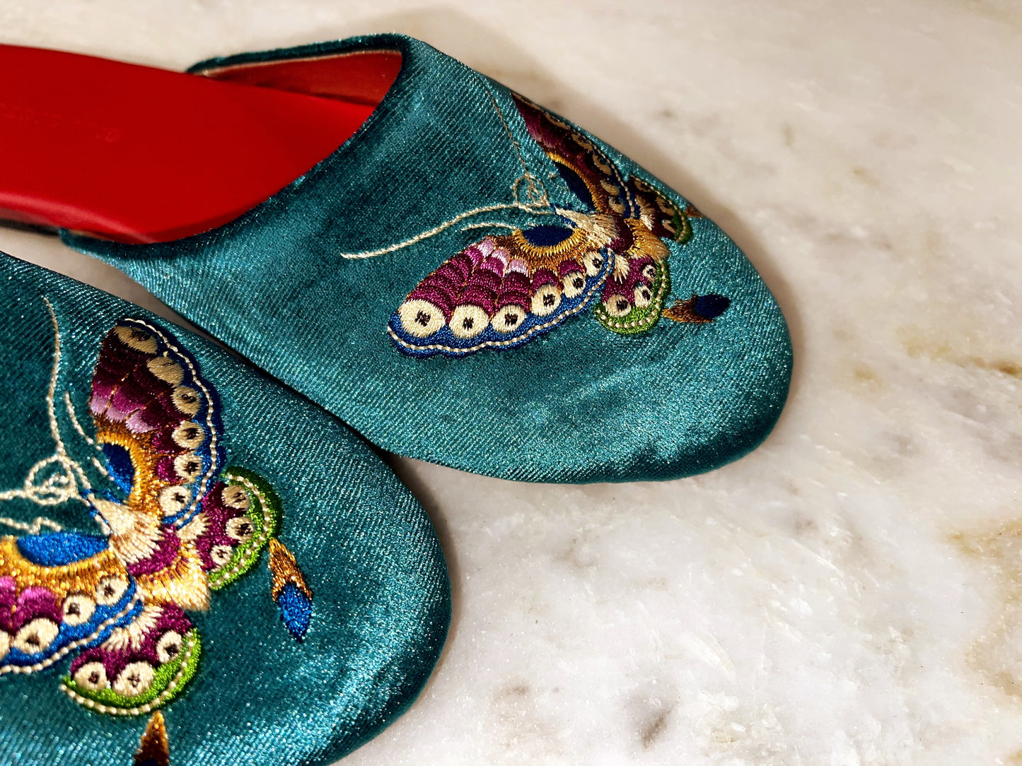 Embroidered butterfly in teal velvet mules slippers