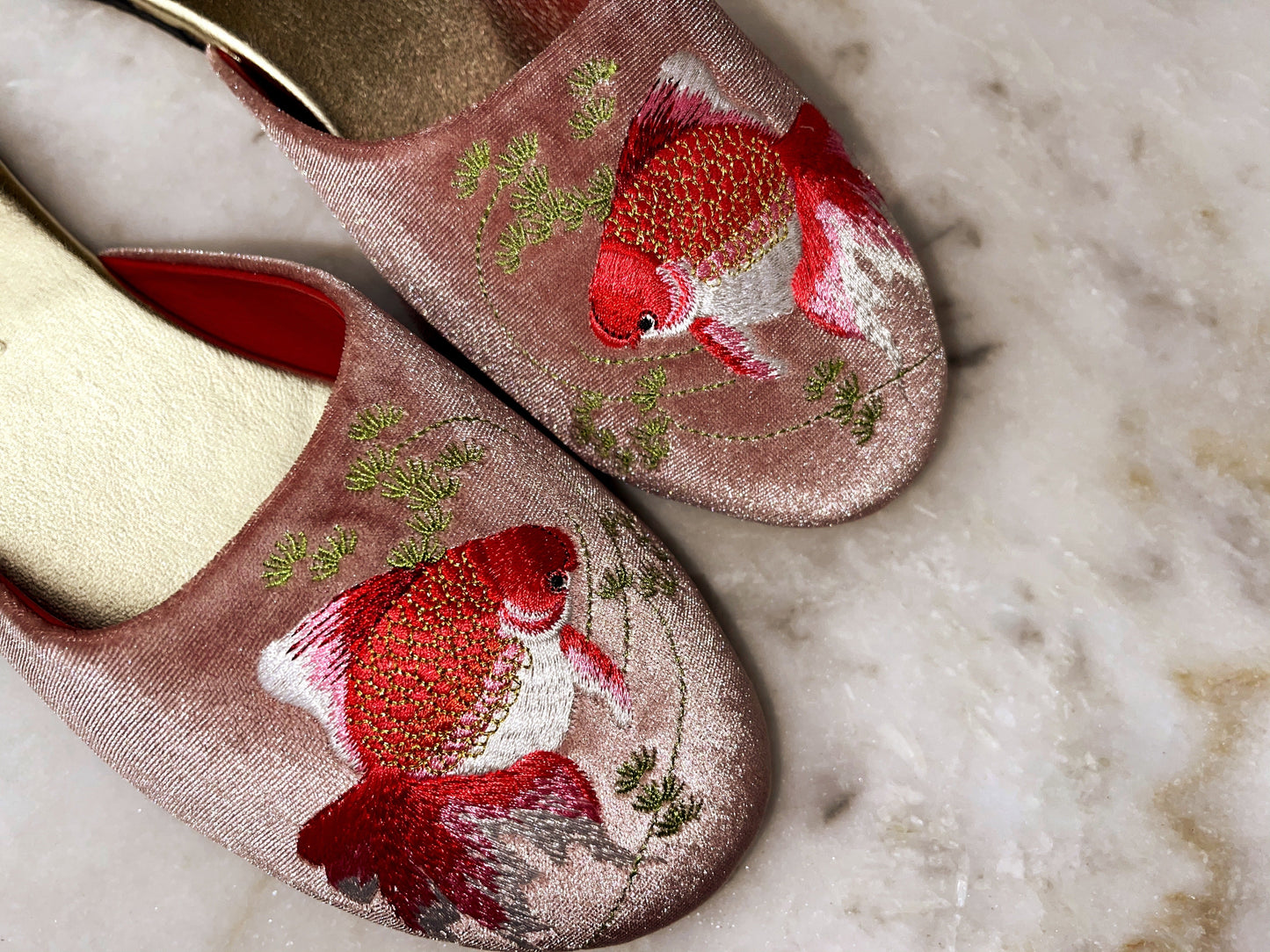 Embroidered goldfish in dusty pink velvet mules slippers
