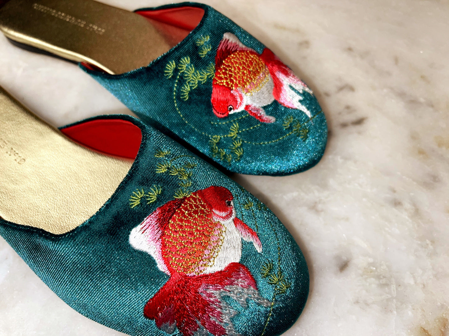 Embroidered goldfish in teal velvet mules slippers