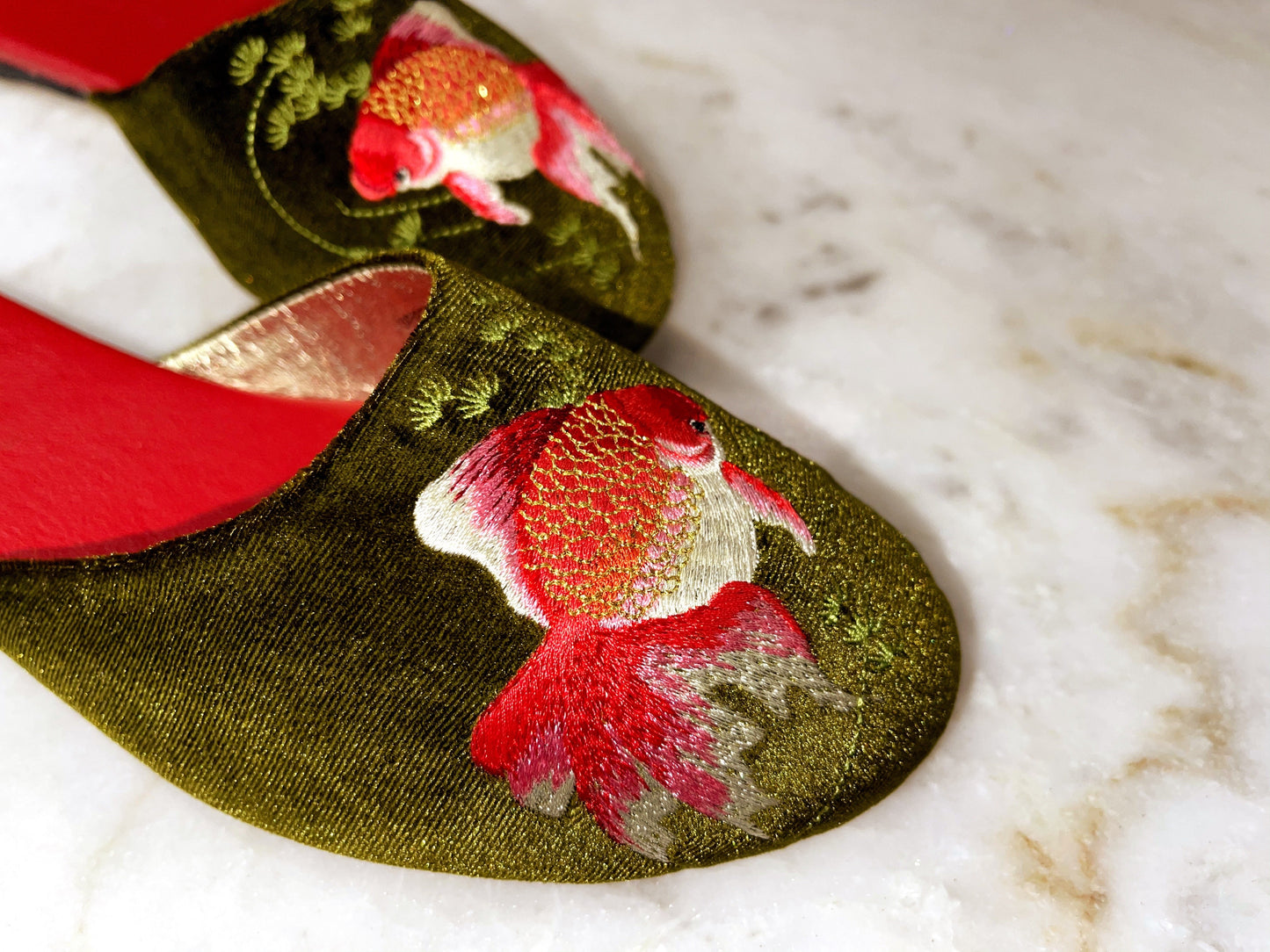 Embroidered goldfish in olive velvet mules slippers