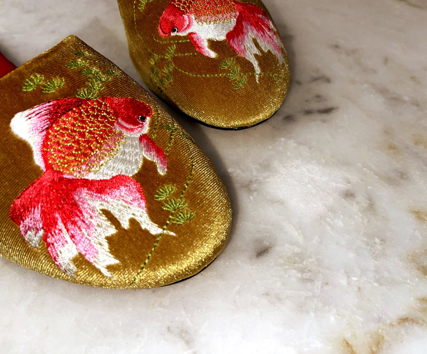 Embroidered goldfish in gold velvet mules slippers