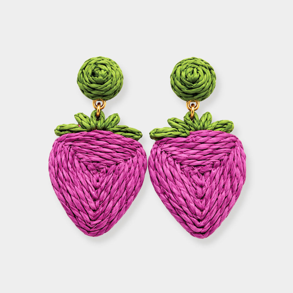 Woven Raffia Strawberry Charm Drop Dangle Statement Earrings
