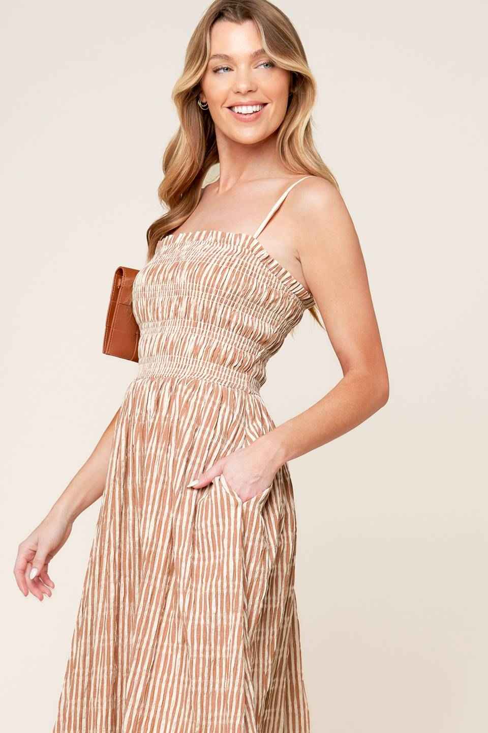 VALHALLA BROWN STRIPED WOVEN MIDI DRESS