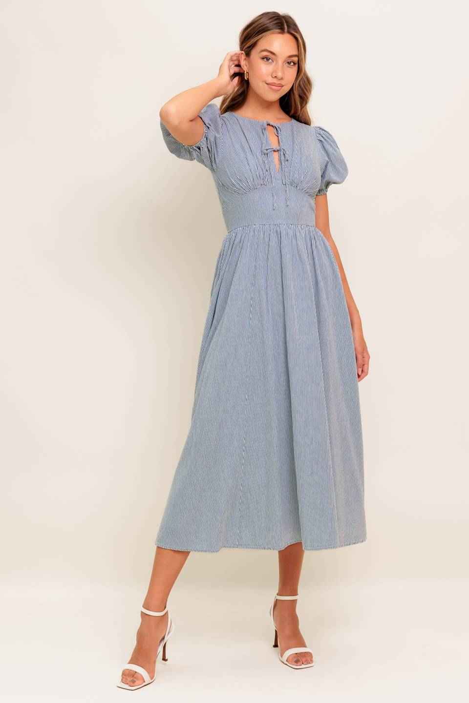COZY GARDEN IVORY BLUE WOVEN MIDI DRESS