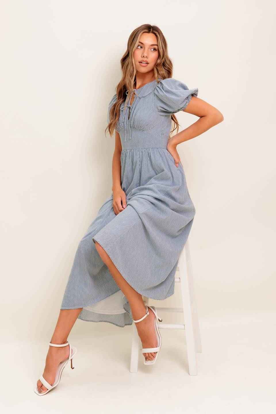 COZY GARDEN IVORY BLUE WOVEN MIDI DRESS