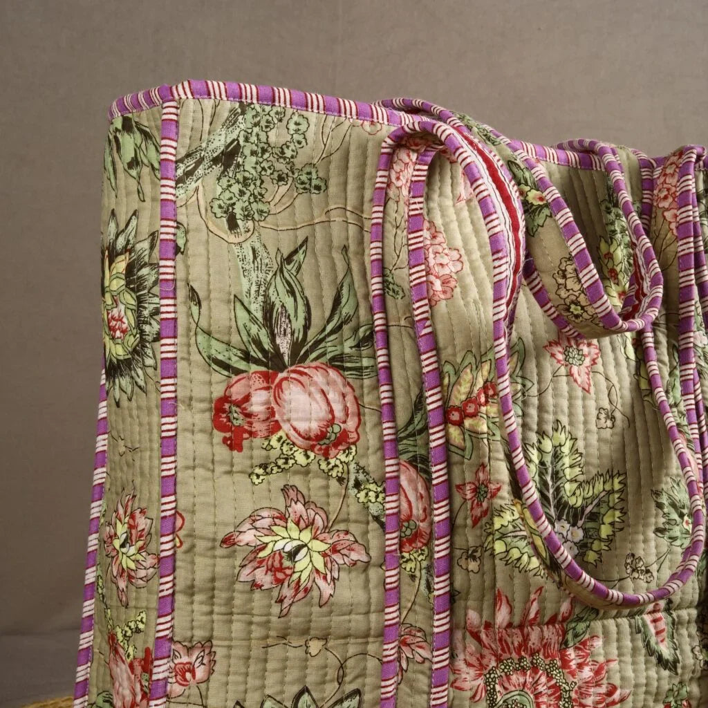 Warm Green Floral Cotton Tote Bag