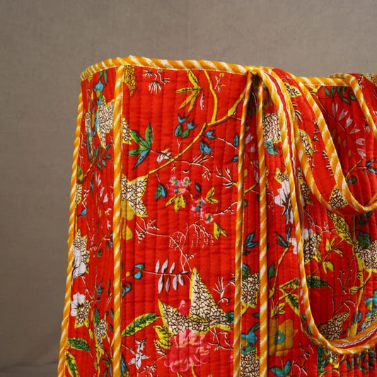 Orange Floral Cotton Tote Bag