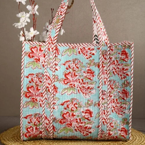 Sky-Blue Floral Patch Cotton Tote Bag