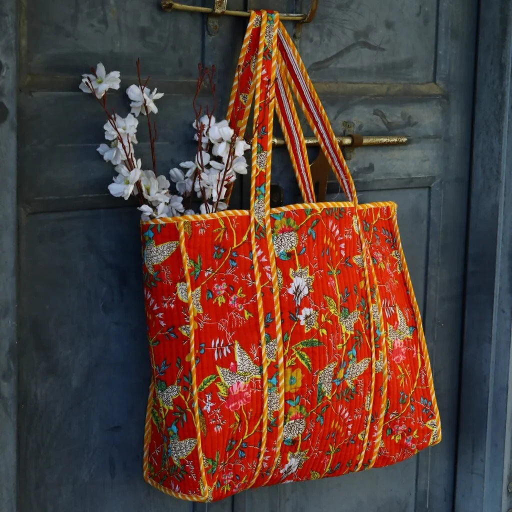 Orange Floral Cotton Tote Bag