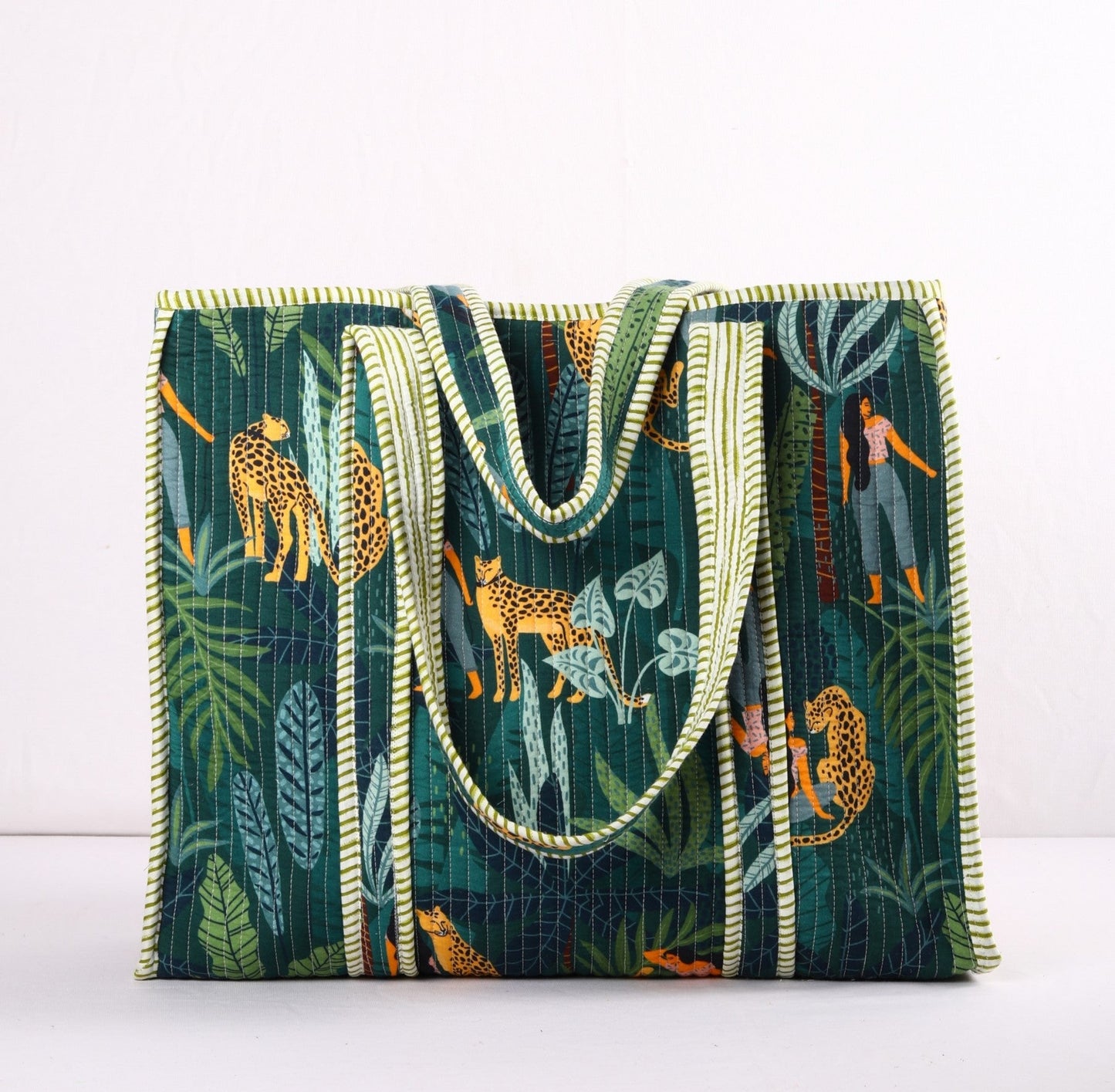 Green Leopard Cotton Tote Bag