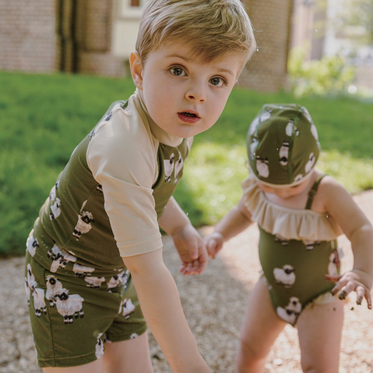 Valais Sheep Zipper Short Sleeve Top and Swim Trunks Set