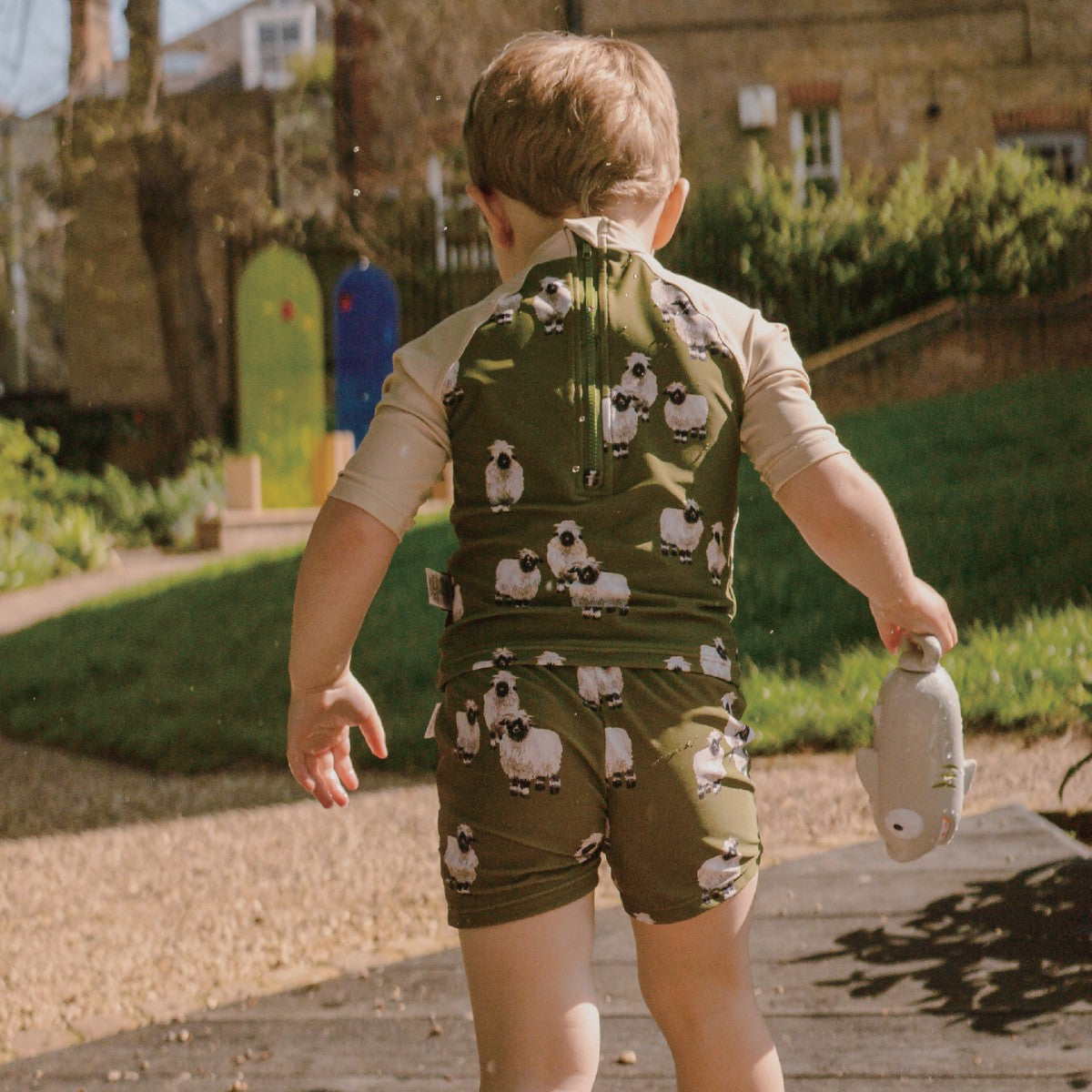 Valais Sheep Zipper Short Sleeve Top and Swim Trunks Set