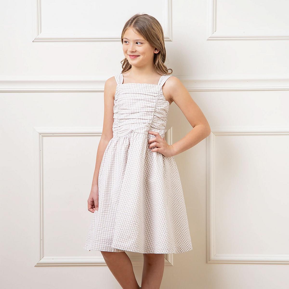 Organic Ruched Bodice Party Dress - Taupe Gingham Seersucker