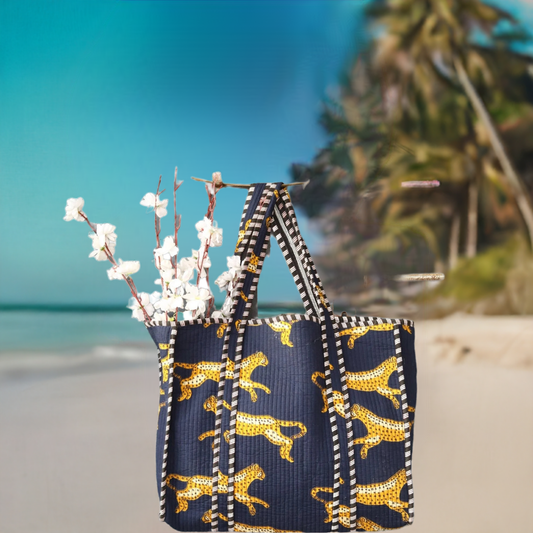 Navy Blue Leopard Print Cotton Tote Bag