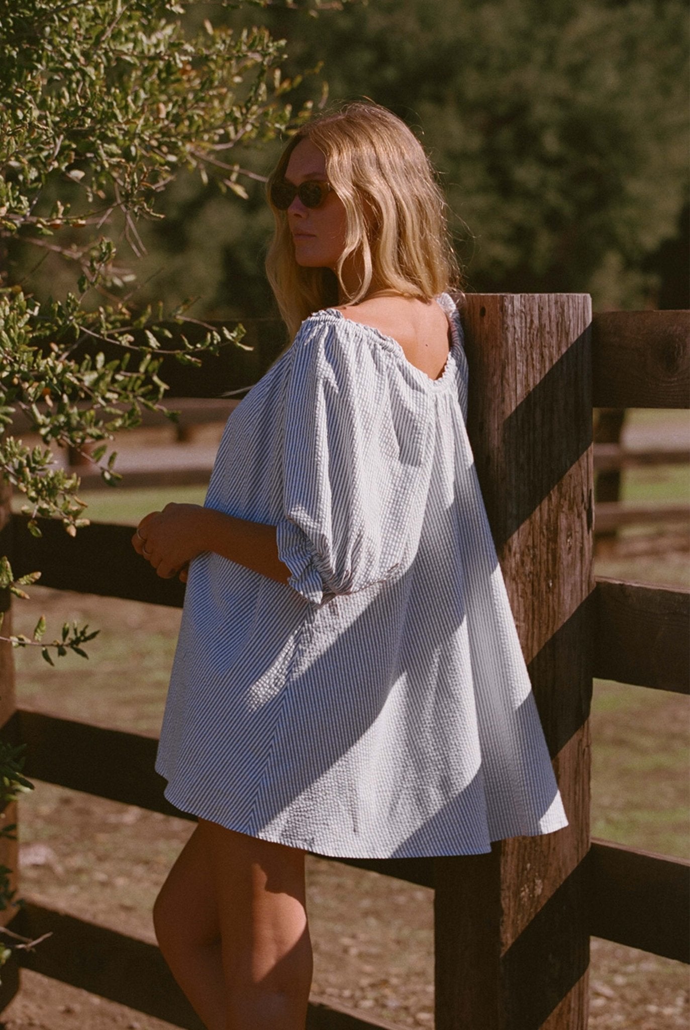 Portofino Dress- Blue and White Seer Sucker Pinstripe Dress