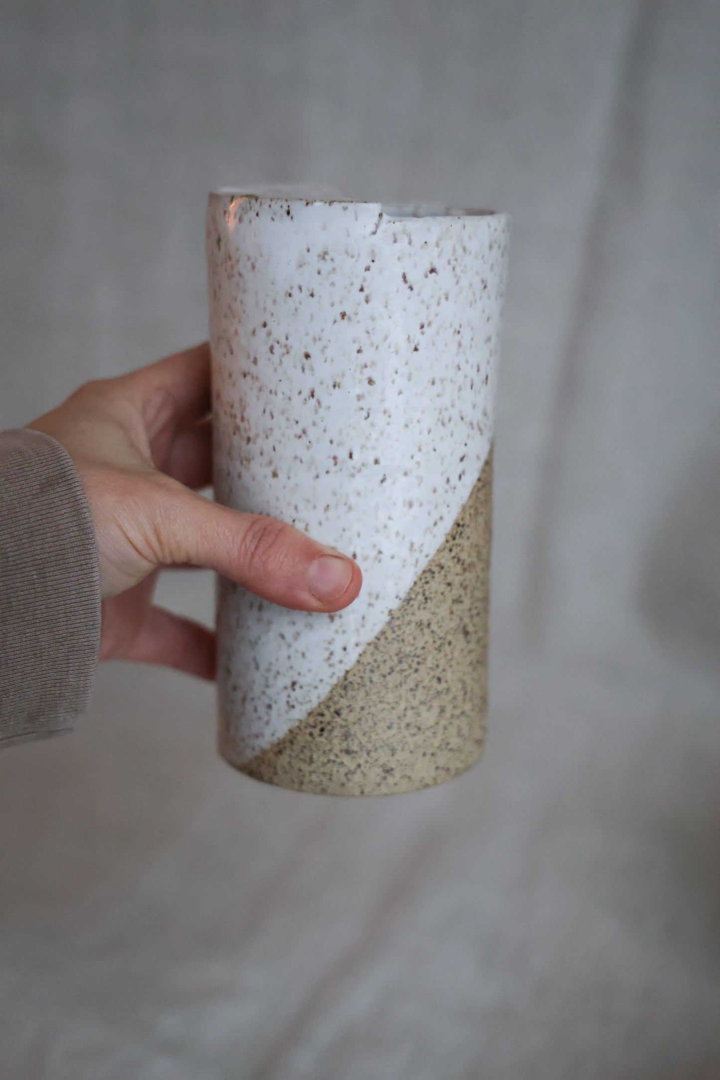 White Speckled To Go Cup, Travel Mug, Mustache Saver, Ceramic Stoneware Hand Thrown in Maine 14-16oz.