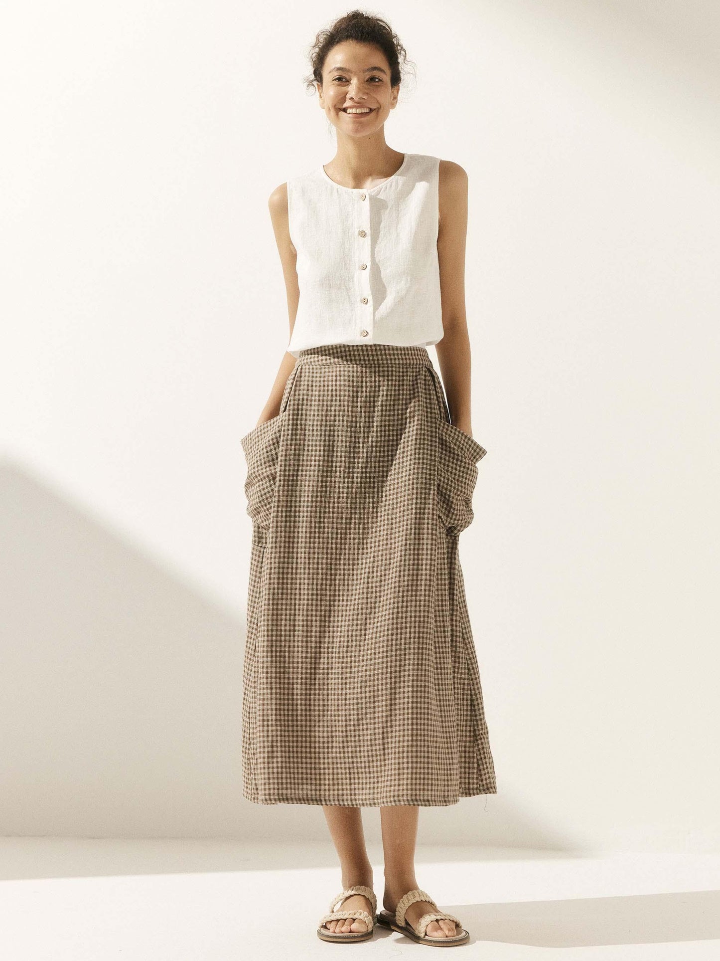 Linen Checked Elastic Waist Skirt MARINA