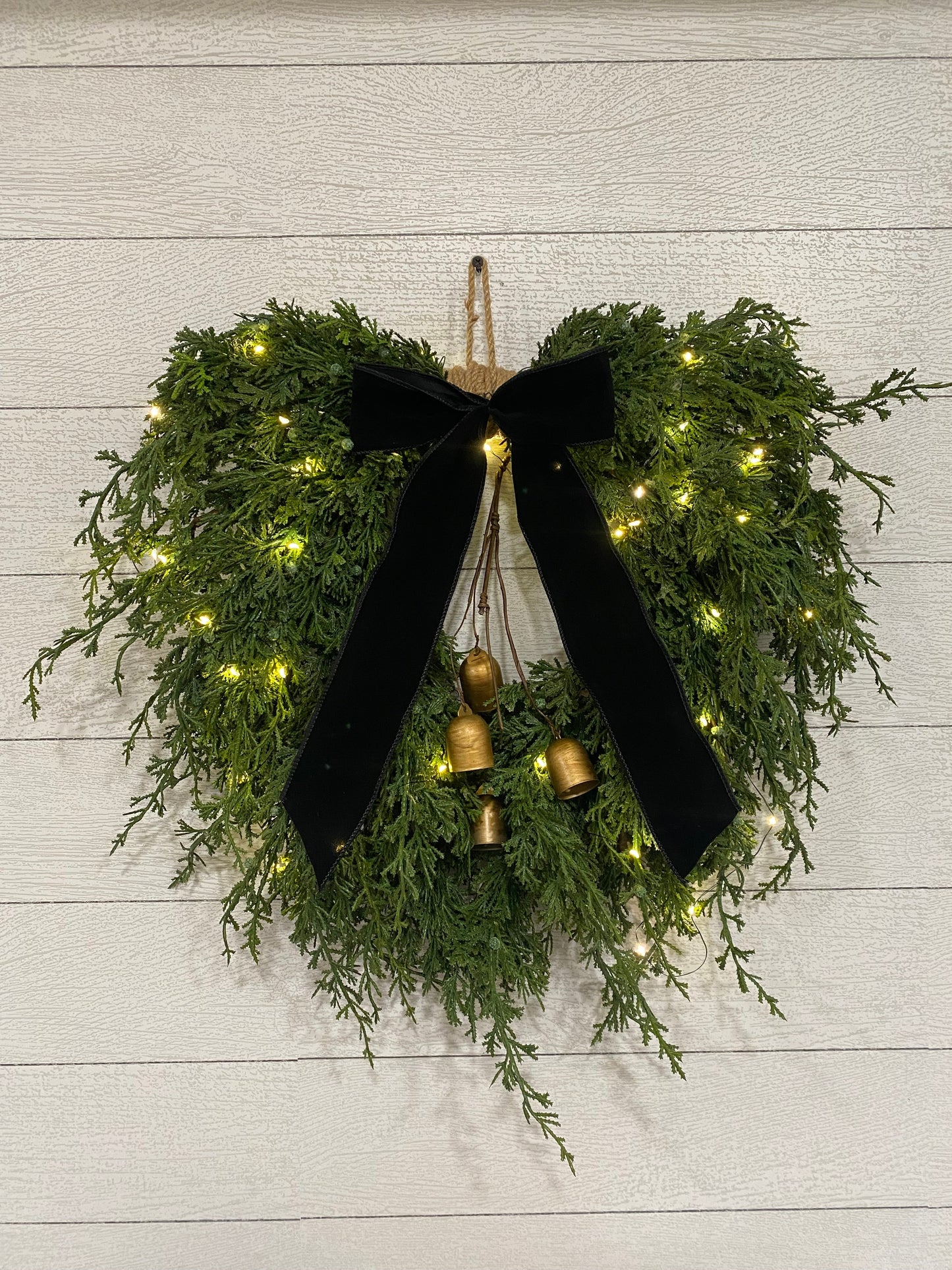 PreLit Cascading Juniper and Cedar Wreath with Bells