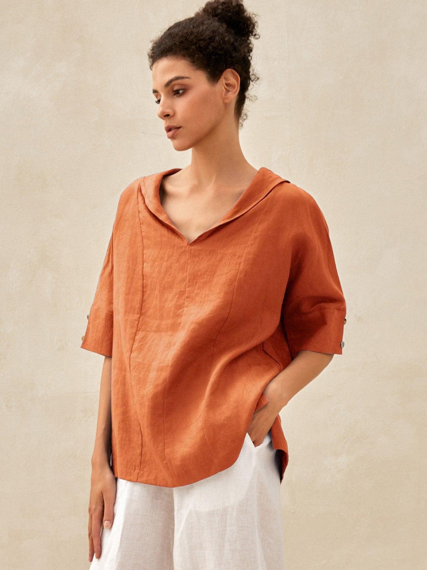Linen V-Neck Short Sleeve Shirt SIERRA