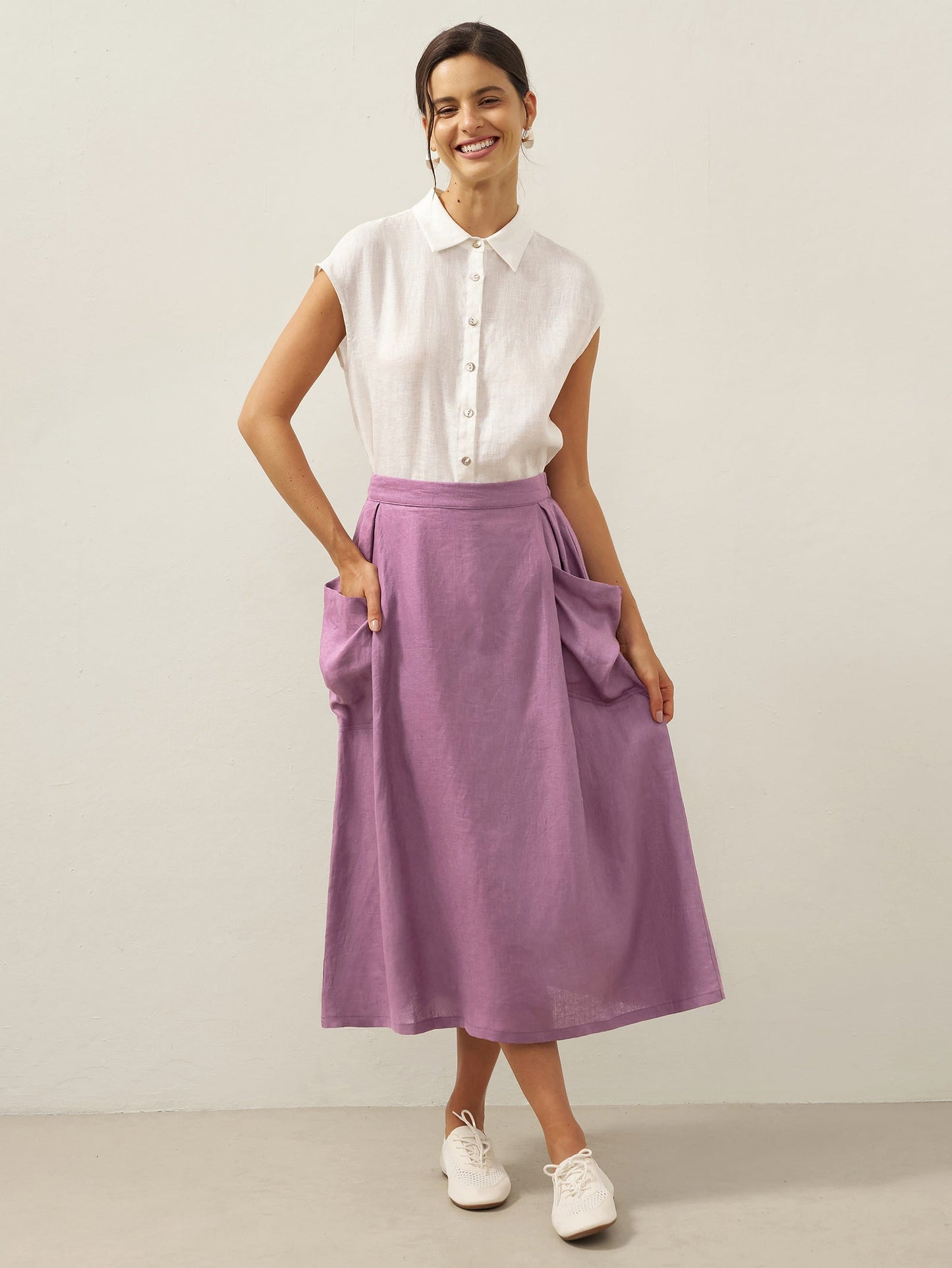 Linen Checked Elastic Waist Skirt MARINA