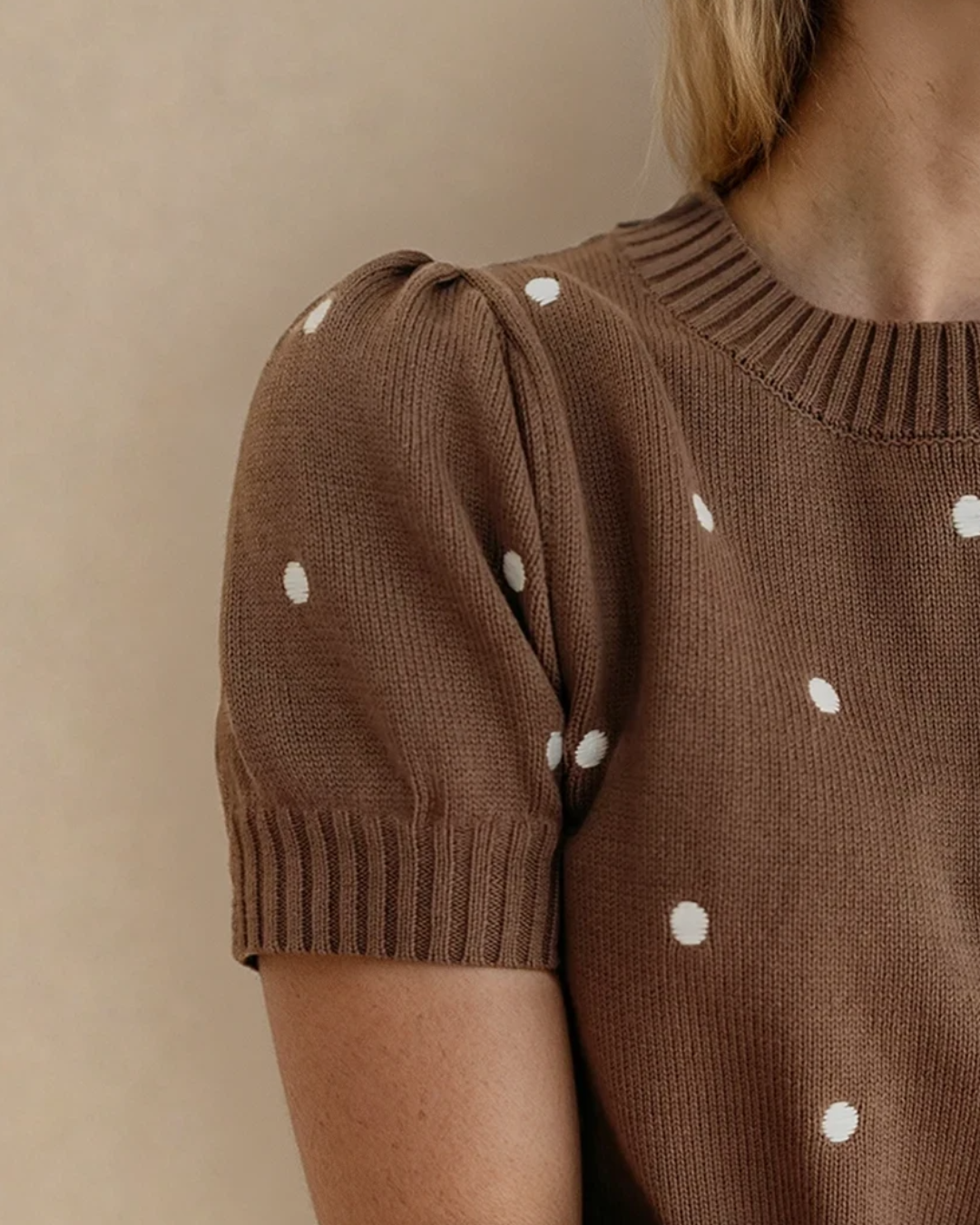River Polka Dot Bubble Short Sleeve Sweater - Chestnut