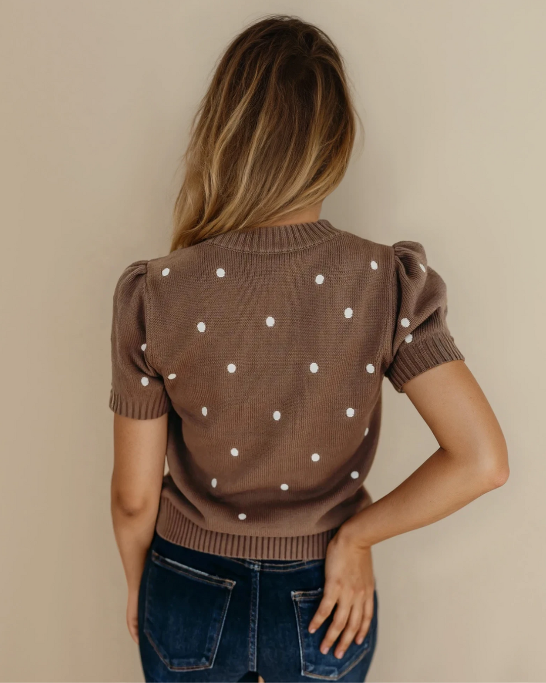 River Polka Dot Bubble Short Sleeve Sweater - Chestnut
