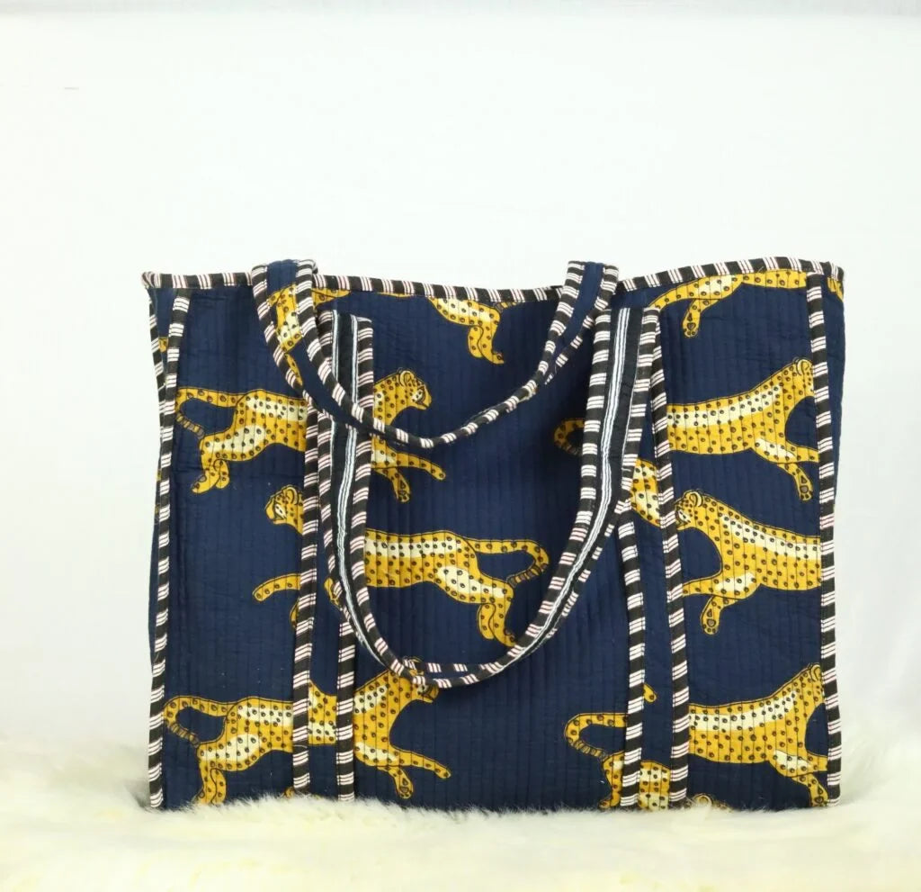 Navy Blue Leopard Print Cotton Tote Bag