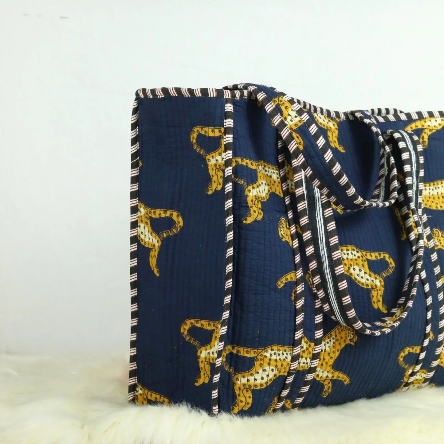 Navy Blue Leopard Print Cotton Tote Bag