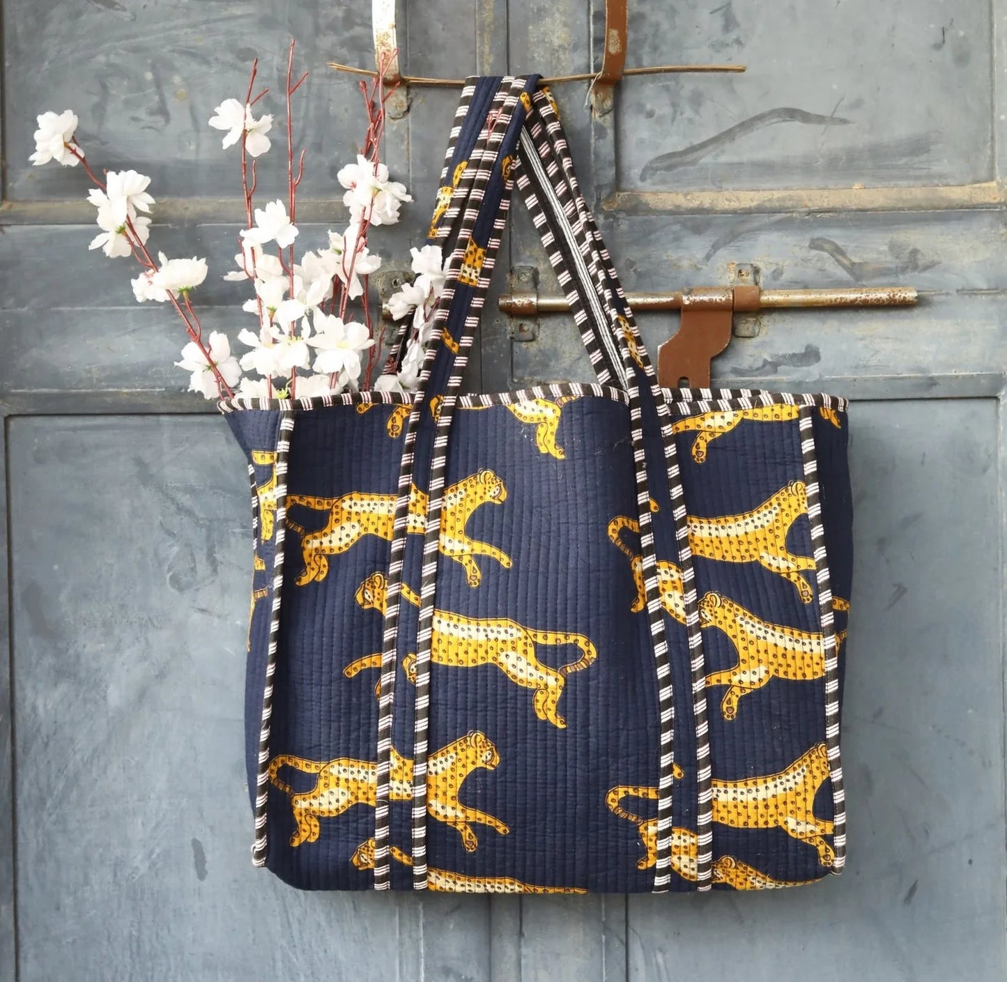 Navy Blue Leopard Print Cotton Tote Bag