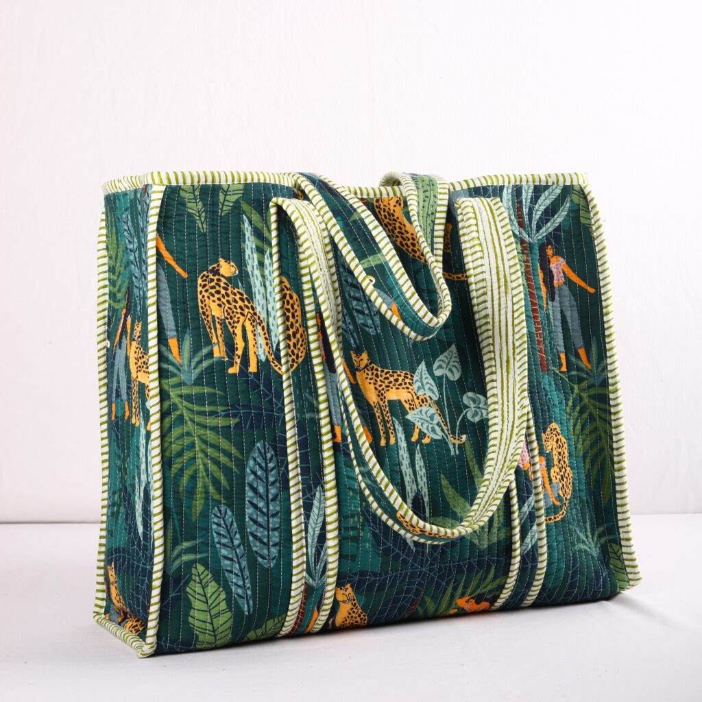 Green Leopard Cotton Tote Bag