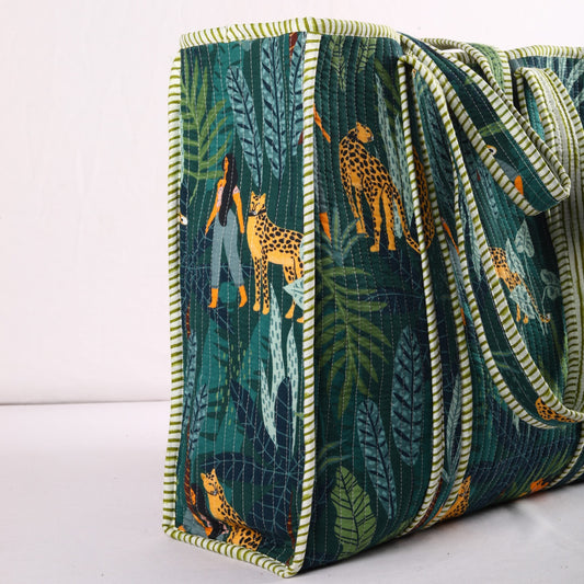 Green Leopard Cotton Tote Bag