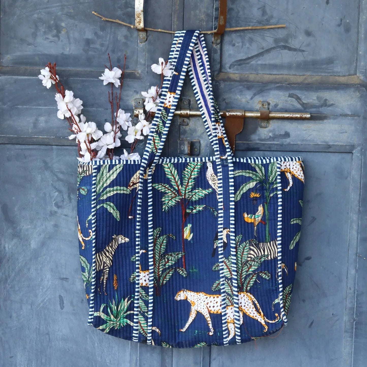 Navy Blue Jungle Safari Cotton Tote Bag