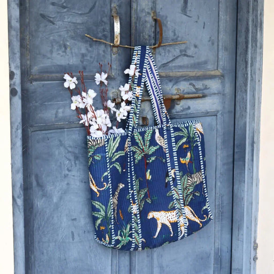 Navy Blue Jungle Safari Cotton Tote Bag