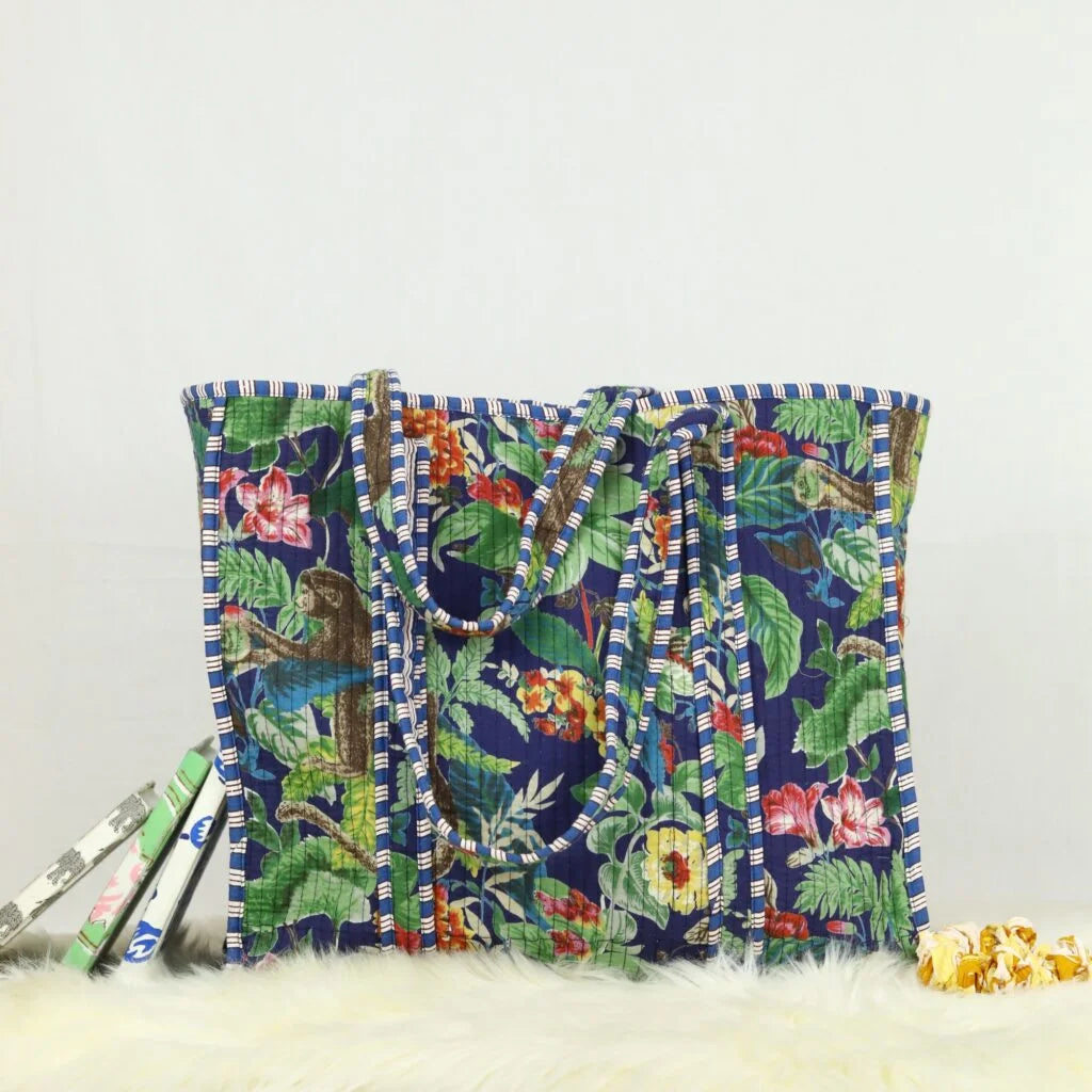 Navy Blue Tropical Floral Cotton Tote Bag