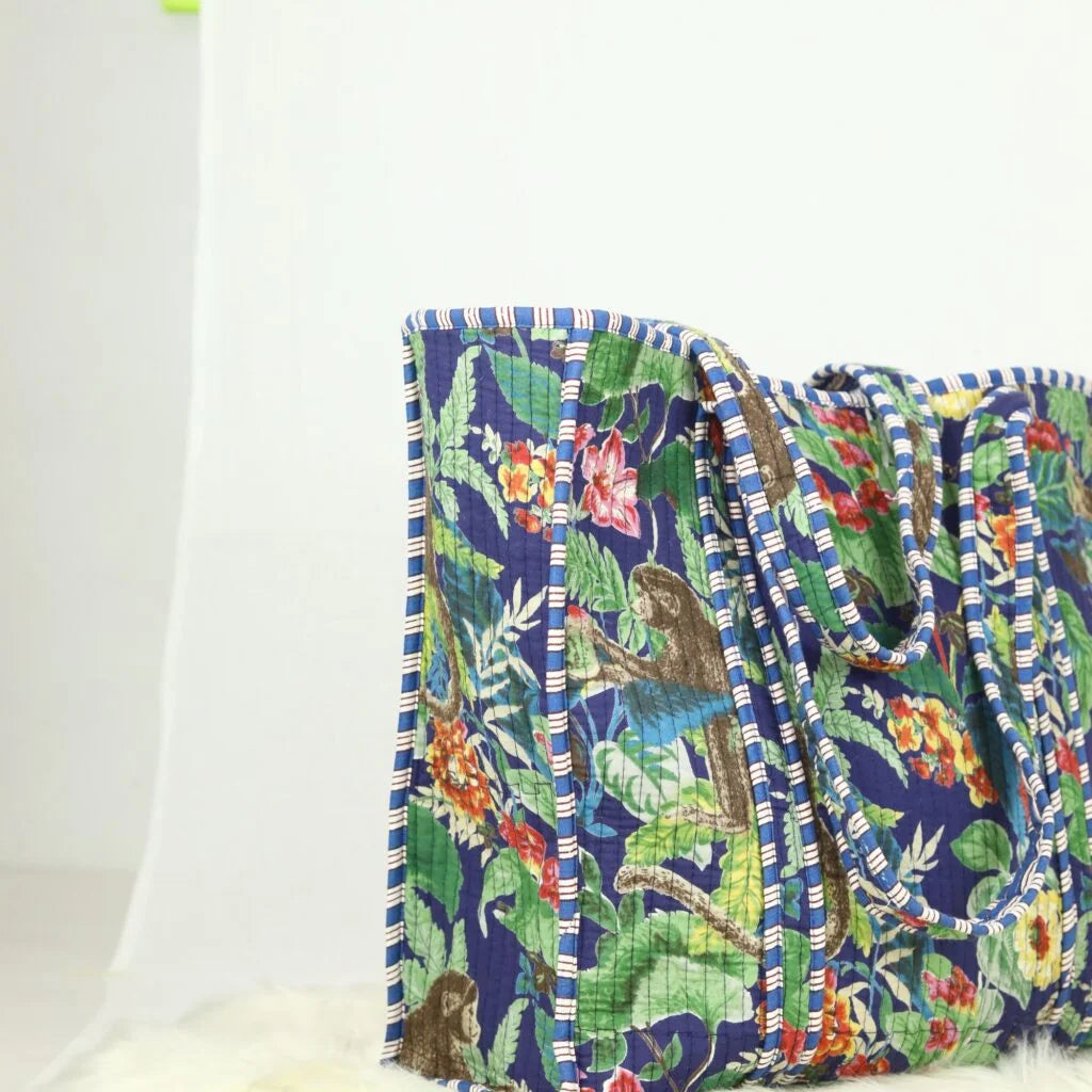 Navy Blue Tropical Floral Cotton Tote Bag