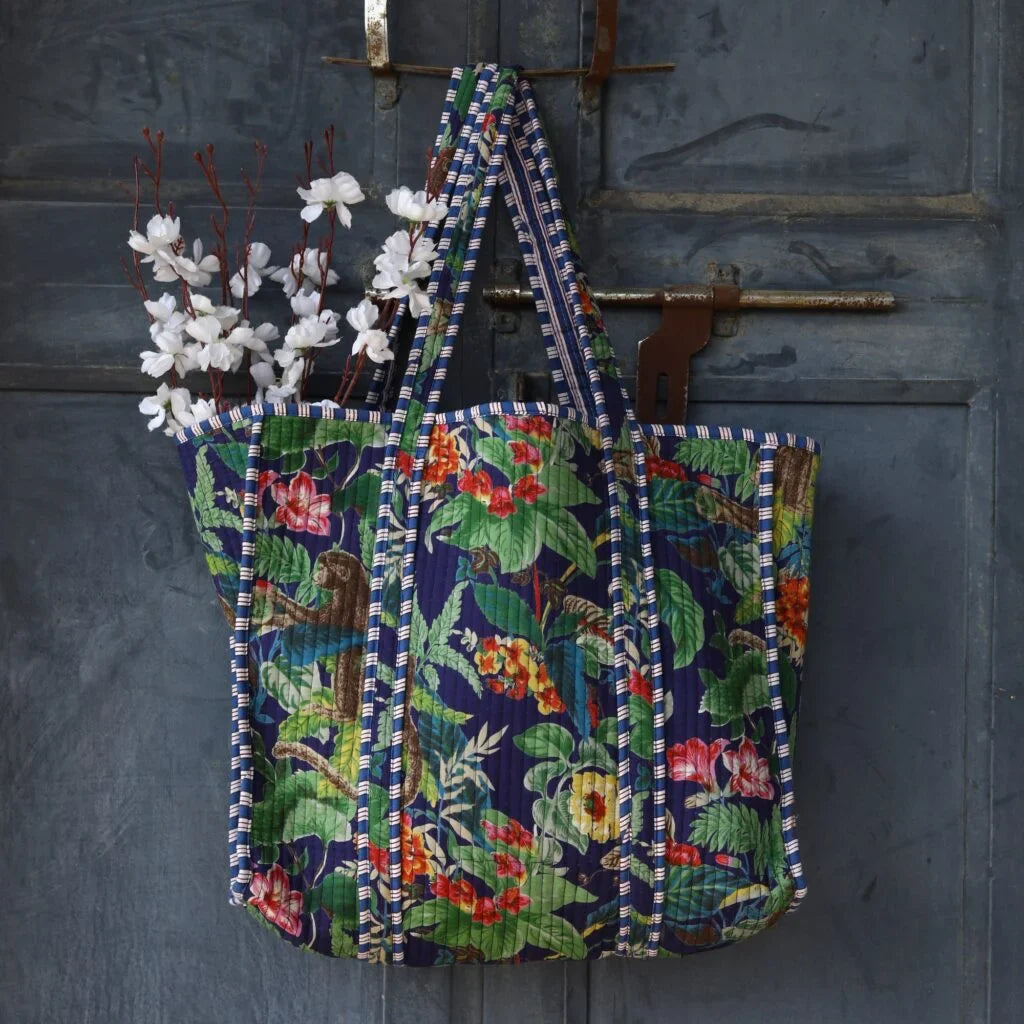 Navy Blue Tropical Floral Cotton Tote Bag