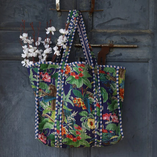 Navy Blue Tropical Floral Cotton Tote Bag