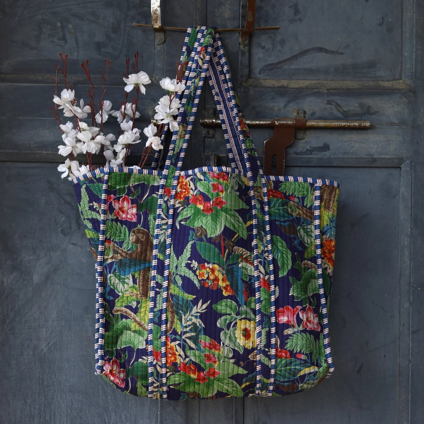 Navy Blue Tropical Floral Cotton Tote Bag