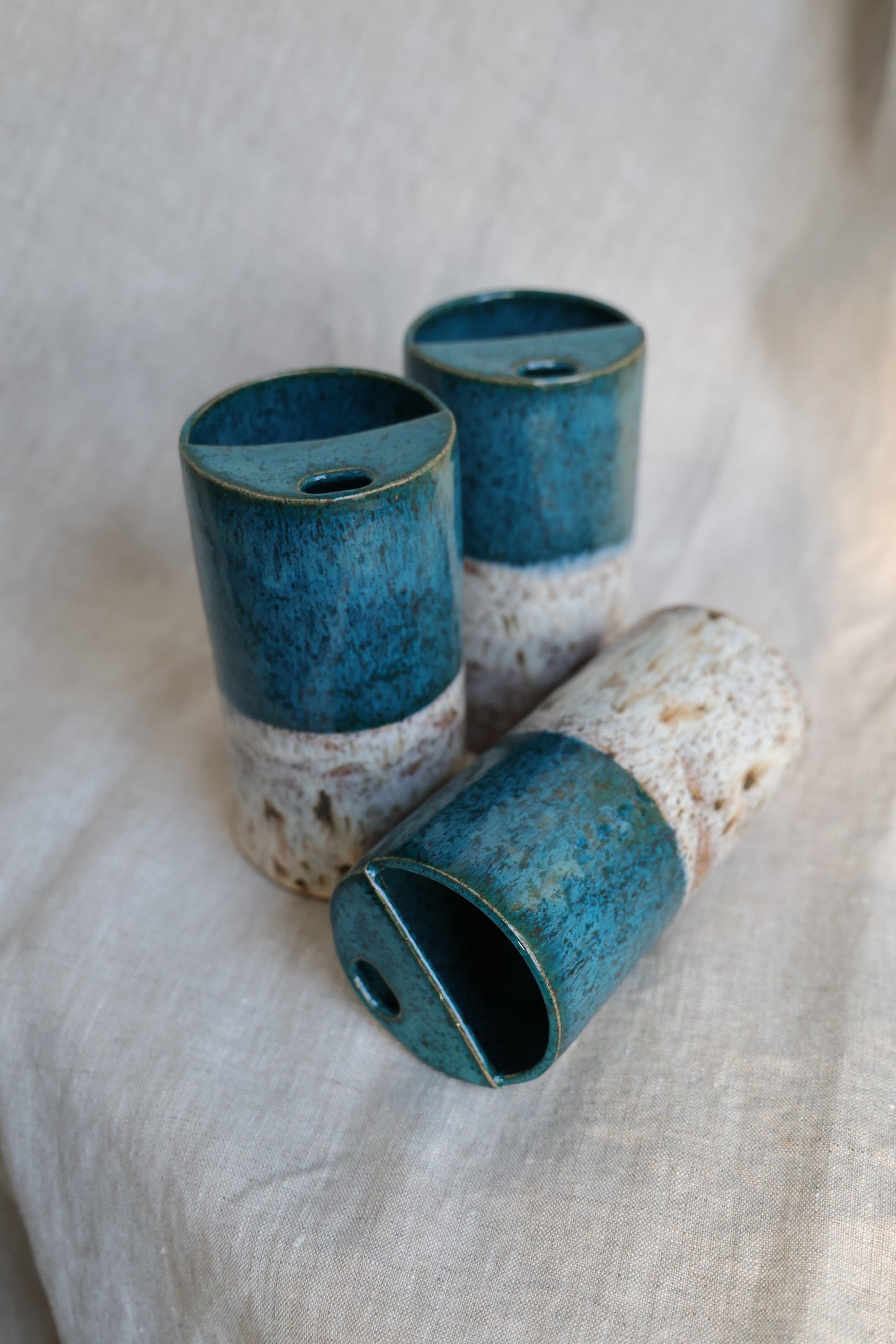 Turquoise travel mug with feathered speckled, Mustache Saver, Ceramic Stoneware Hand Thrown in Maine 14-16oz.