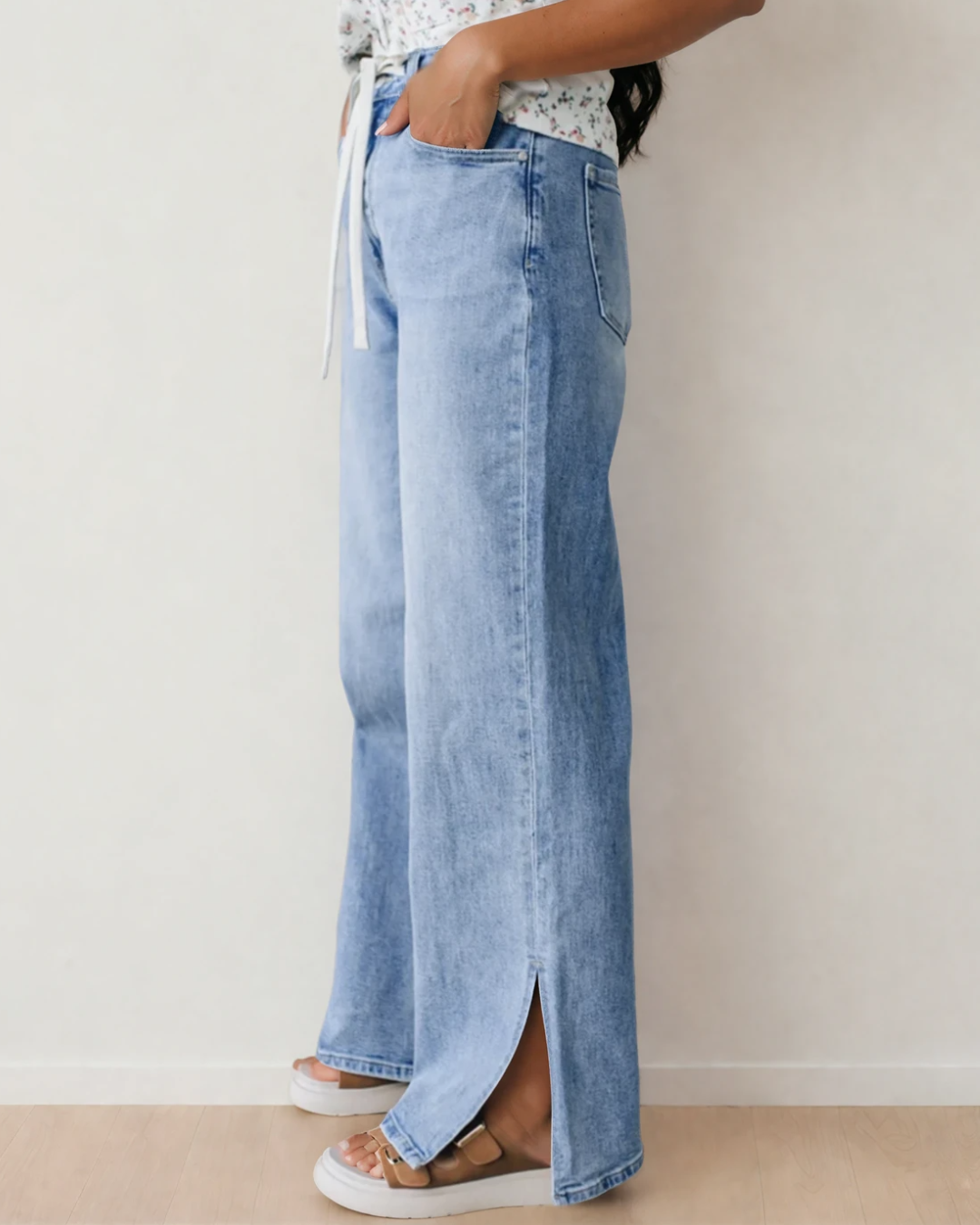 Calypso Side Slit High Rise Drawstring Casual Jeans