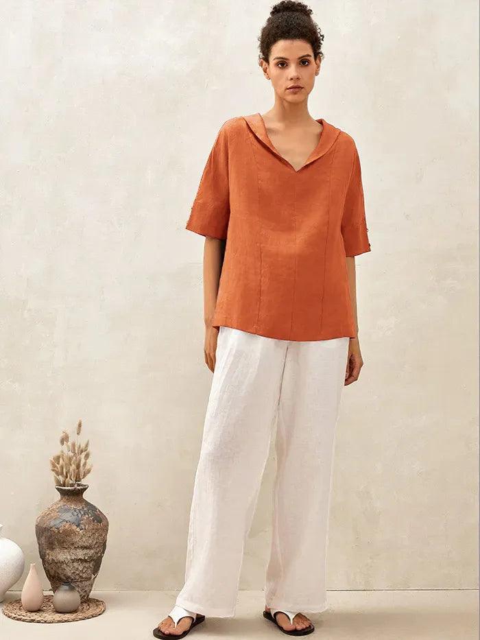 Linen V-Neck Short Sleeve Shirt SIERRA