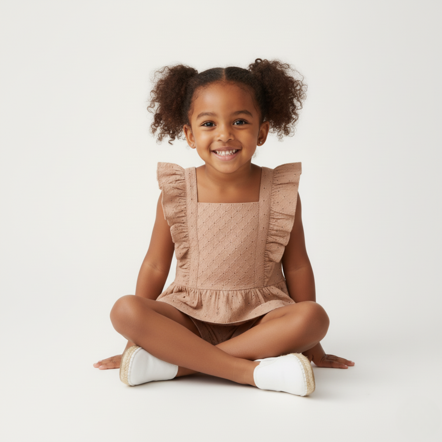 Organic Eyelet Flutter Top And Shorts Set - Clay Eyelet